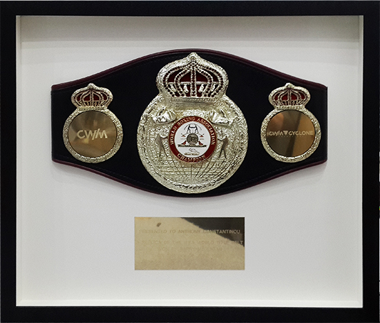 A framed championship belt with three ornate crests, labeled "CWA" and "Cyclone," is elegantly presented in a circle frame against a white background.