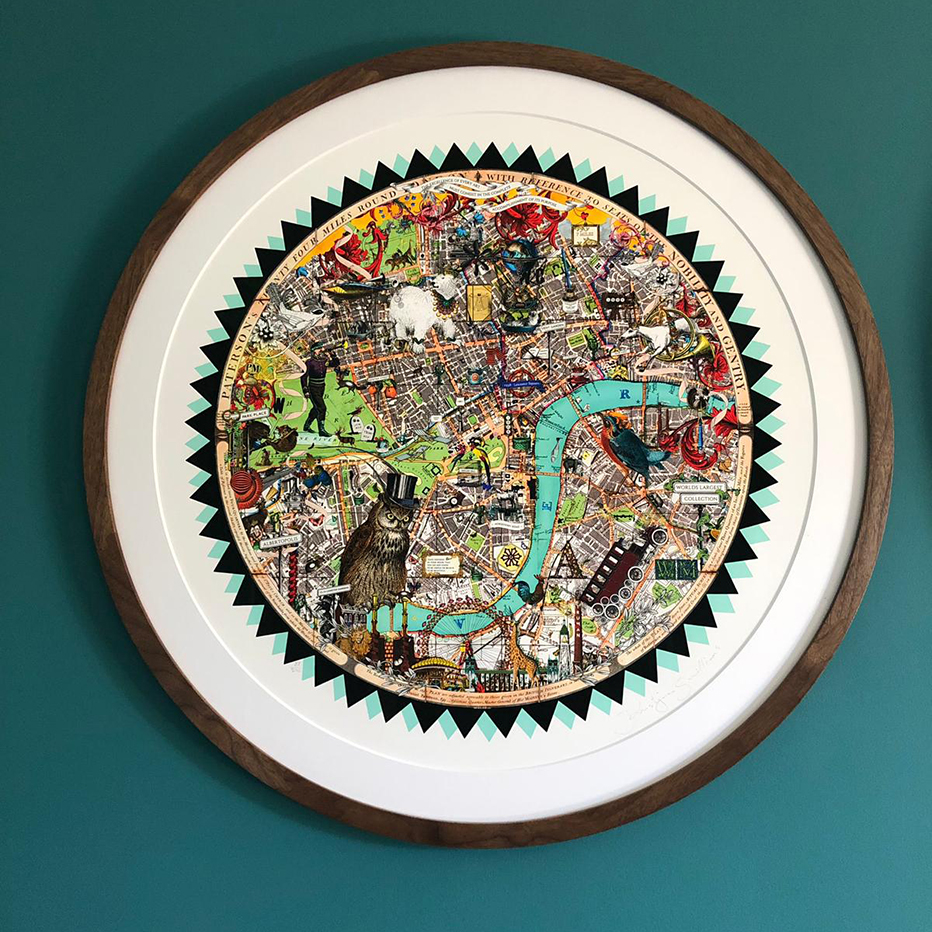 Walnut round / circular picture frame of London map