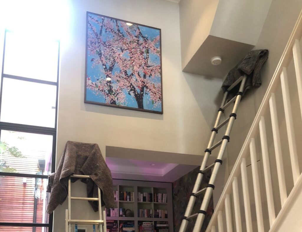 A frames image of trees hung in a high position with ladders