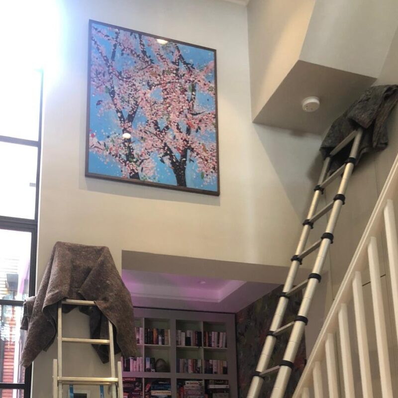 A frames image of trees hung in a high position with ladders