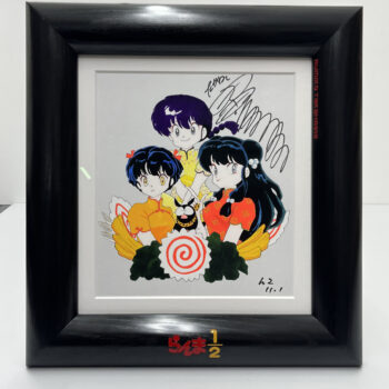 Framed illustration of three anime characters with autographs, featuring "Ranma ½" logo in red enamel carved into the polished black picture frame