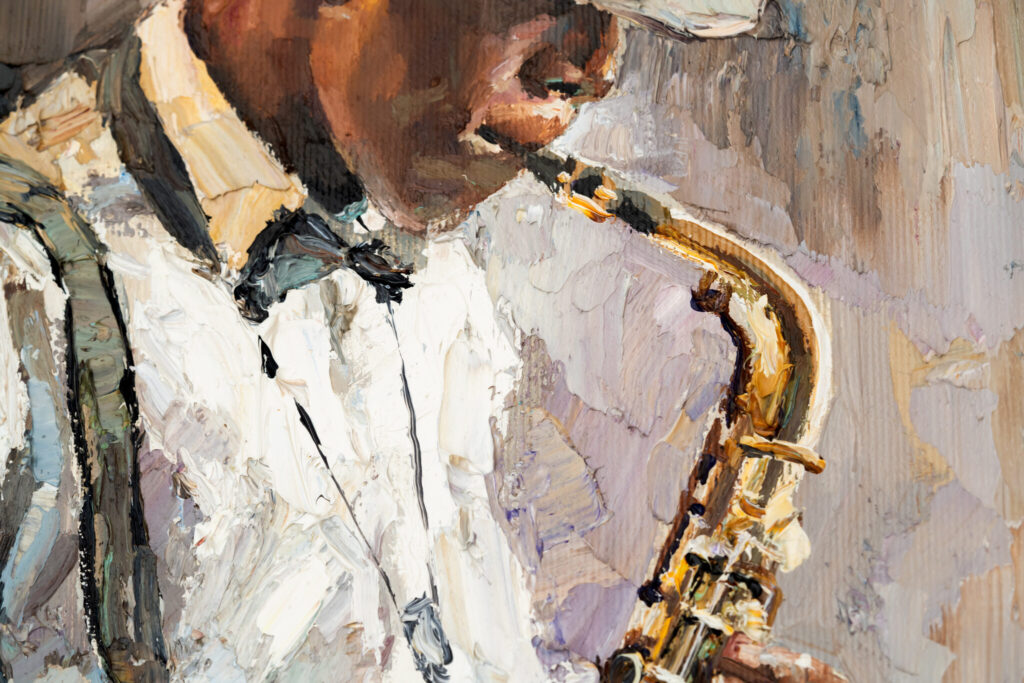 Oil painting of a Saxophone player