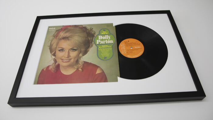 Framed Dolly Parton vinyl record and album cover, perfect for stylish vinyl record framing.