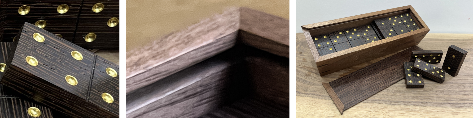 A set of dark Wenge wood dominoes with brass dots, displayed with a matching Wenge and Walnut wood storage box.