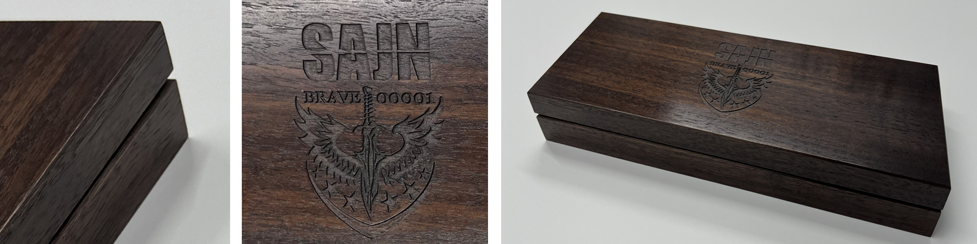 Rectangular dark walnut wood box with engraved logo and text on the lid, shown from multiple angles.