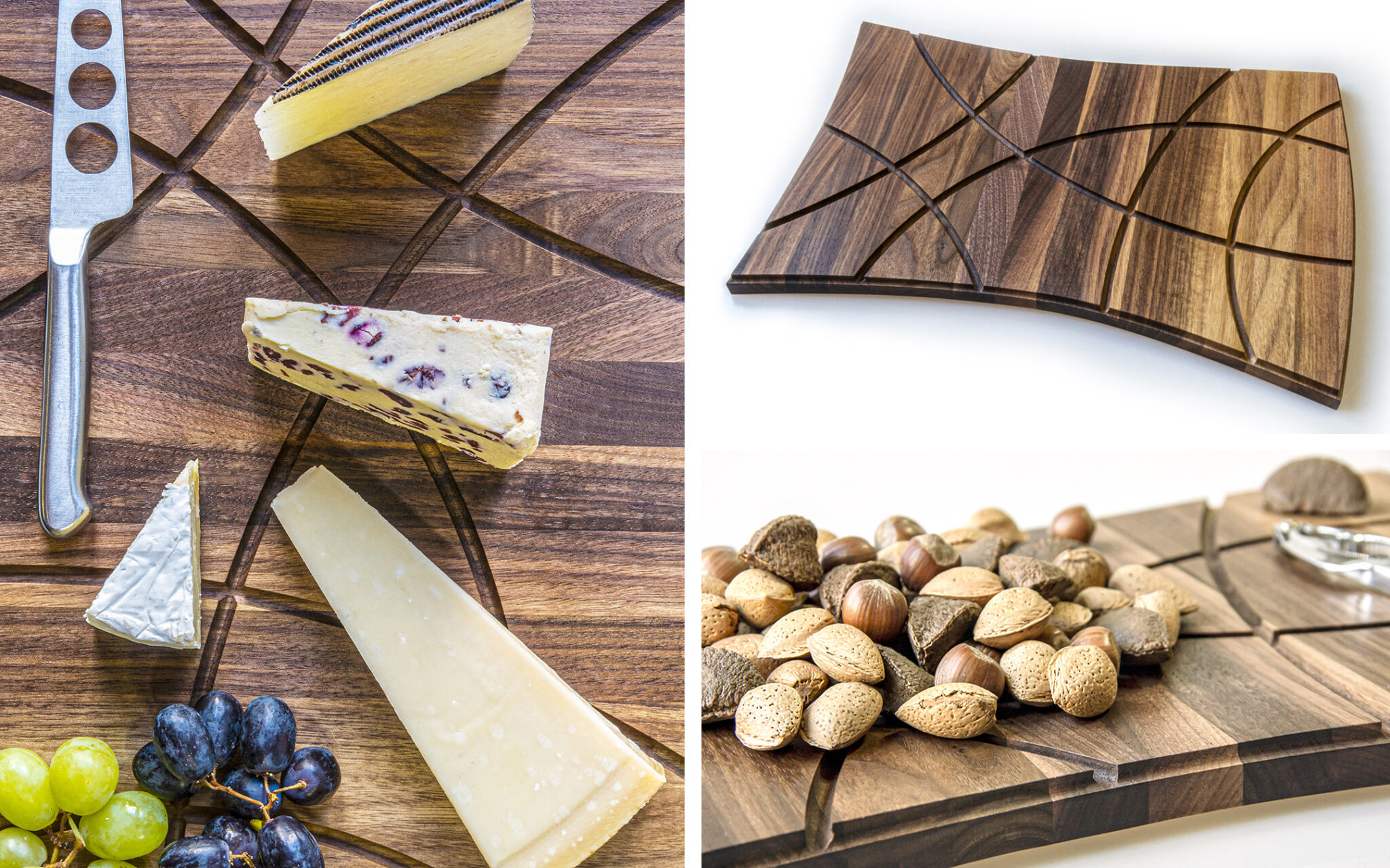 A wooden cheese board with cheese, grapes, a cheese knife, and assorted nuts displayed.