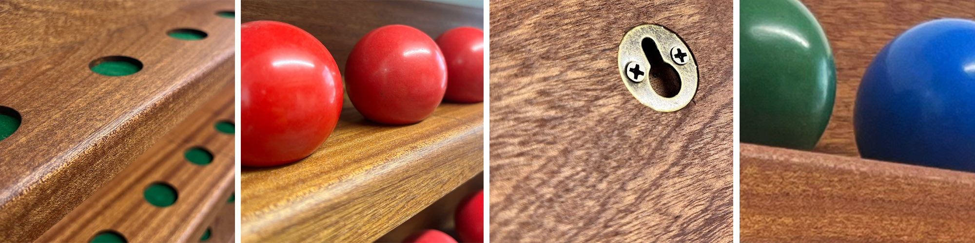 Four close-up images of a custom wooden display shelf for red and green pool balls, holes, and a brass keyhole plate.