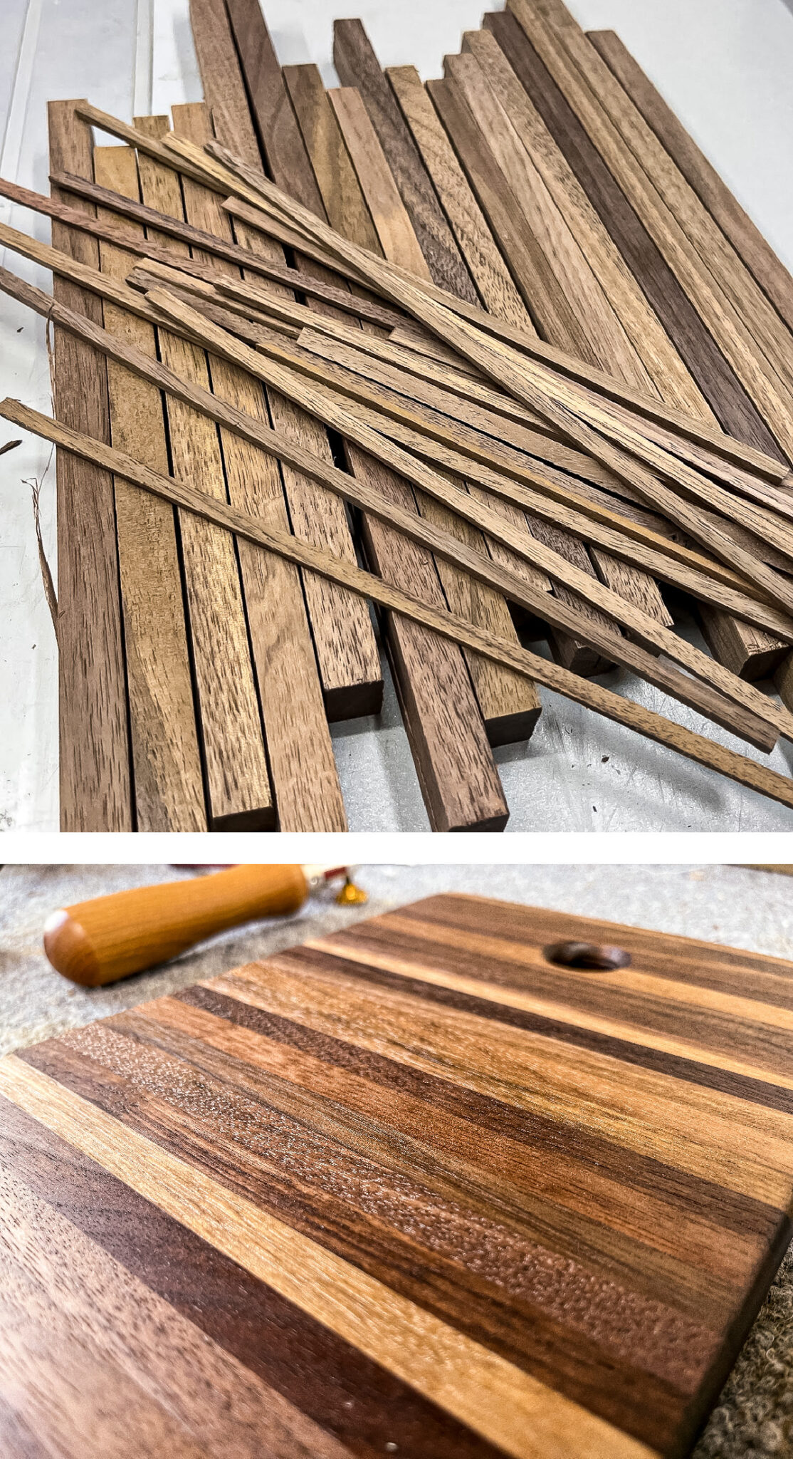 Wooden strips stacked on a table and a finished striped wood cutting board with a hole, tool nearby.