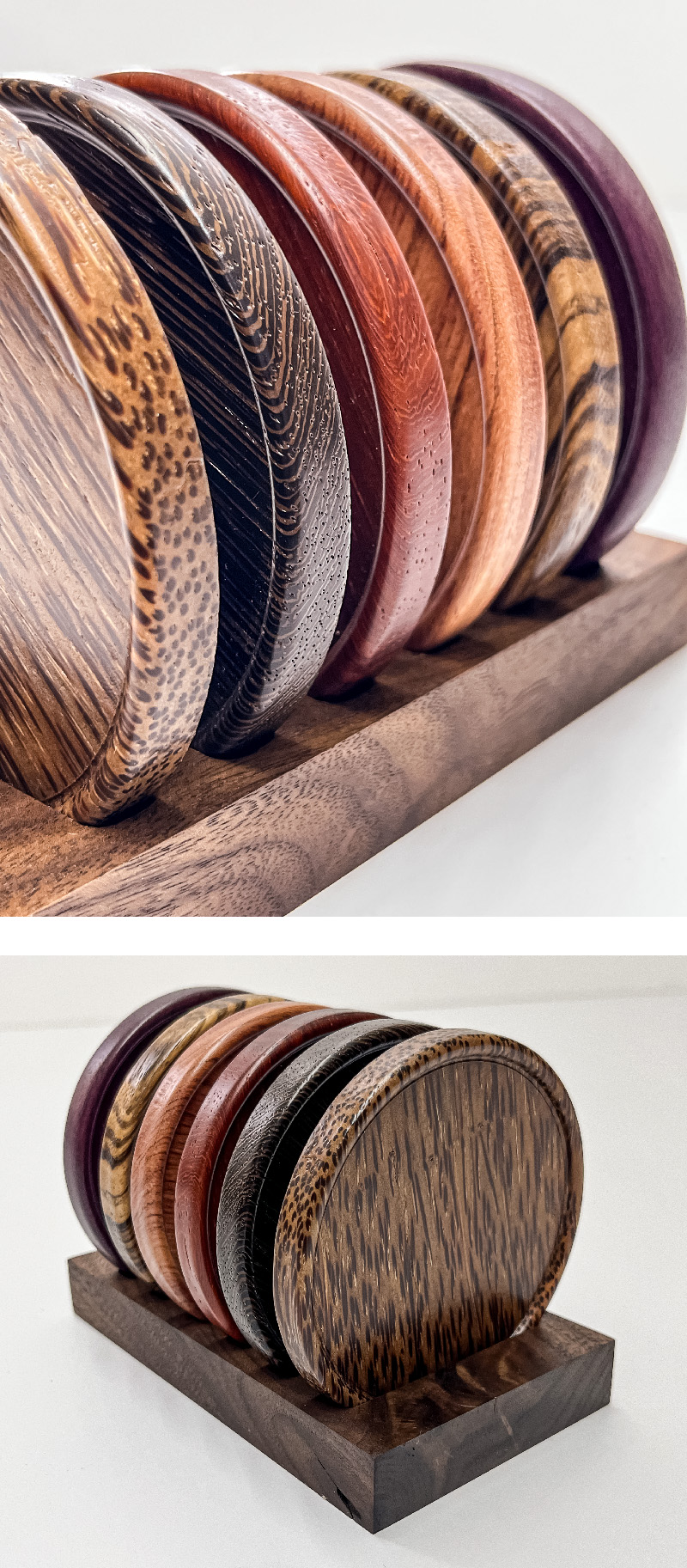 A set of circular wooden coasters of various wood types neatly arranged on a wooden holder.