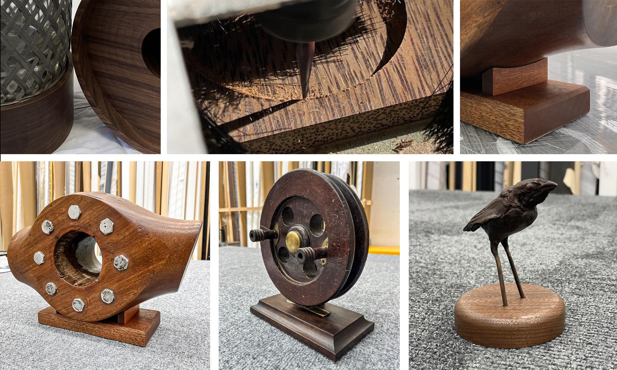 Collage of custom carved wooden plinths for various objects and sculptures, including geometric forms and a bird figure.