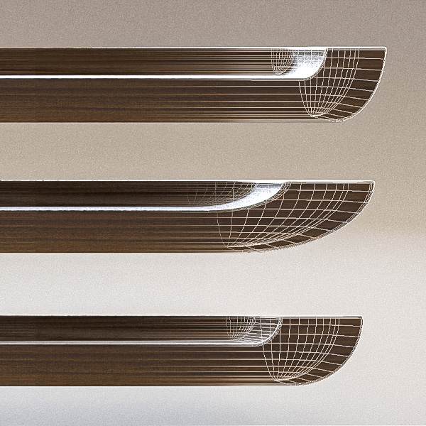 Three wooden boards with wireframe digital overlays on curved ends, displayed horizontally on a gradient background.