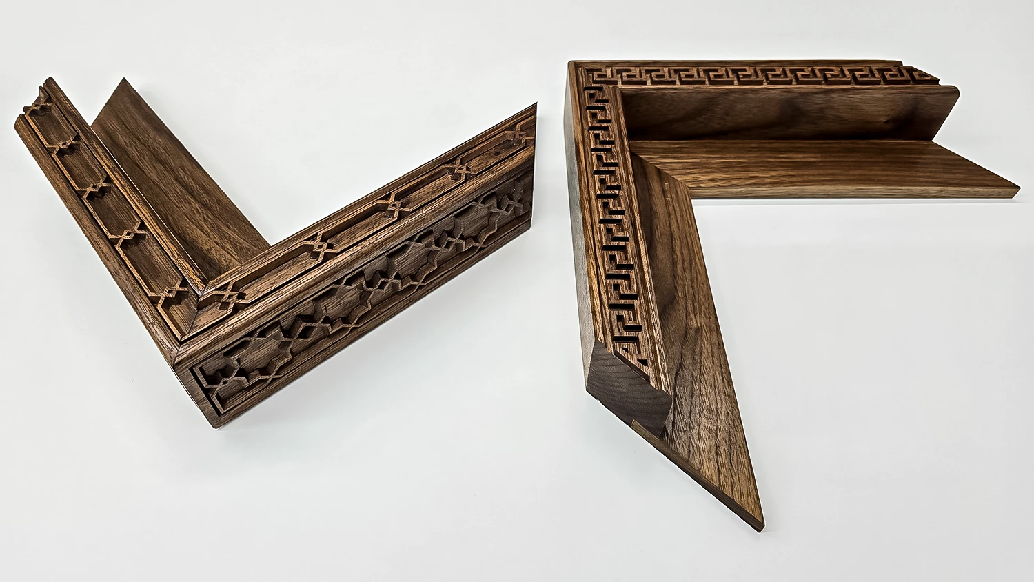 Custom carved tray or canvas floater frame corners in walnut with islamic art designs