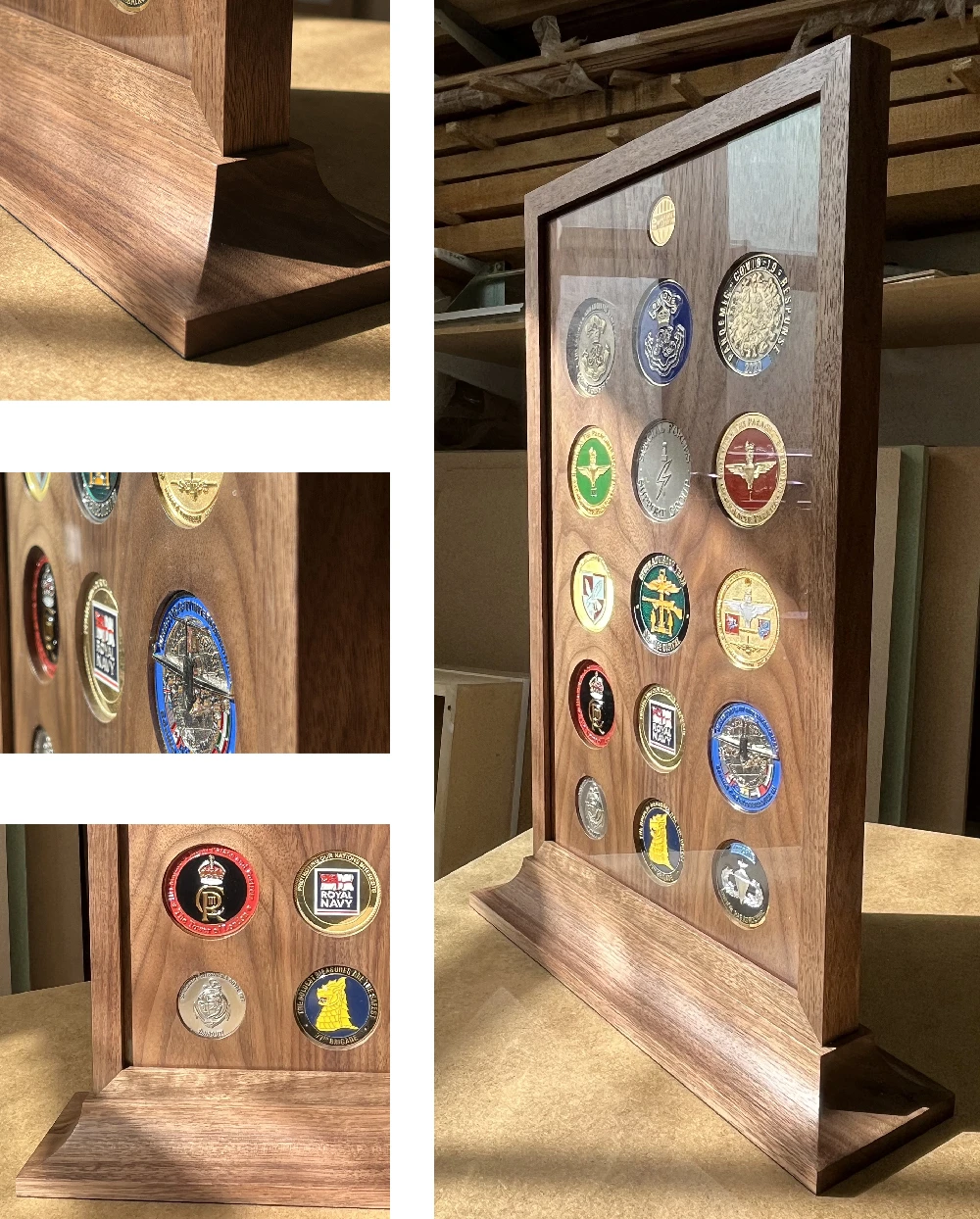 A collage of four photos showing a double-sided walnut desk frame to display a 16 military regimental medal coins