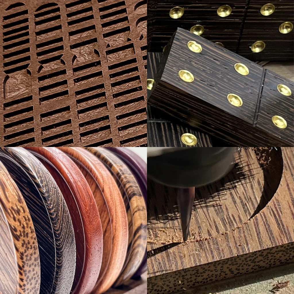 A collage of four squares showing carved wooden objects