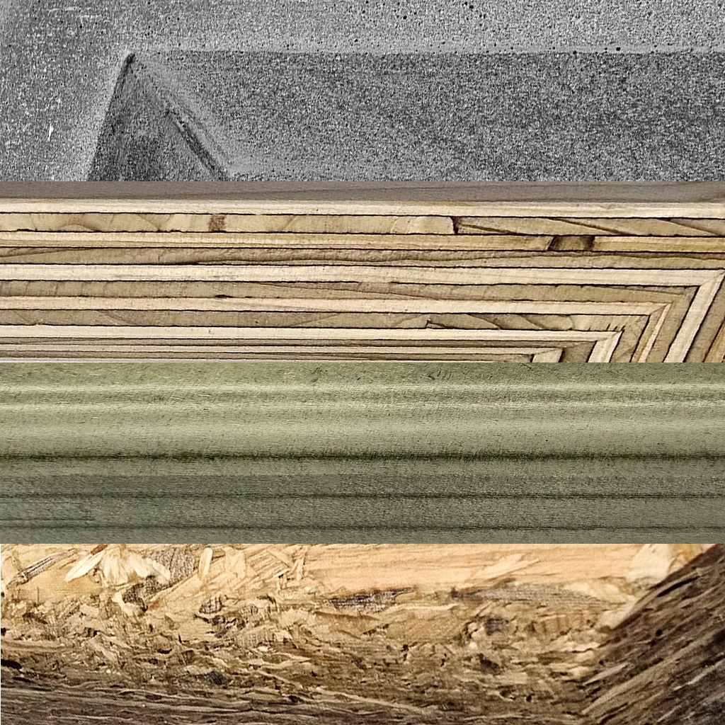 Horizontal strips showing different building material close-ups