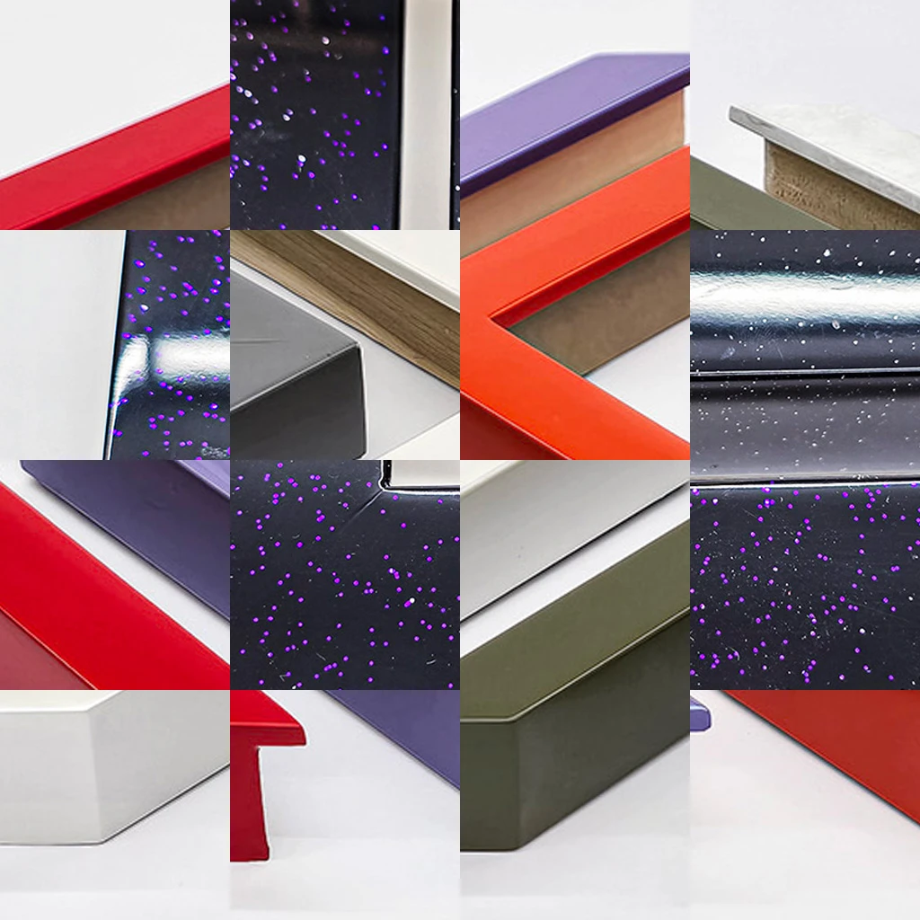 A collage of custom sprayed picture frame corners in different colours