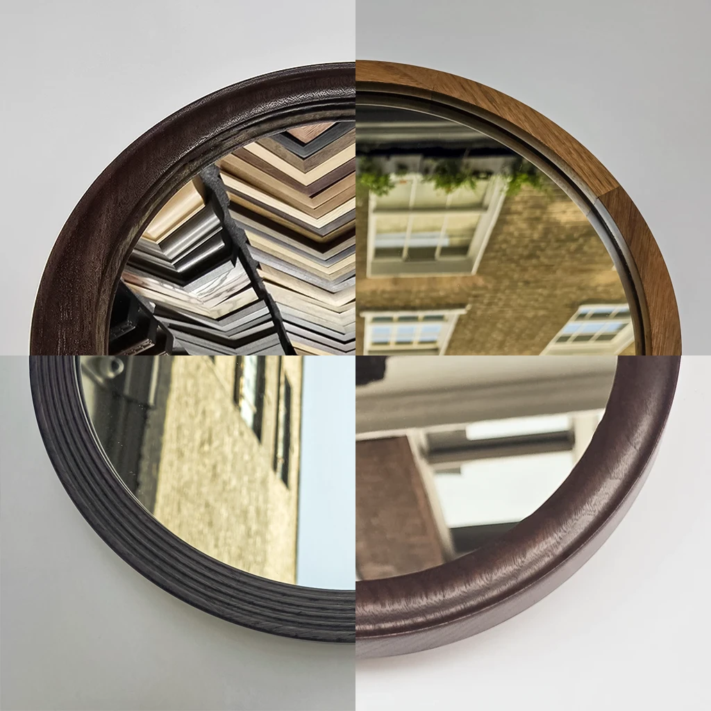 A collage of four segments of round mirror frames