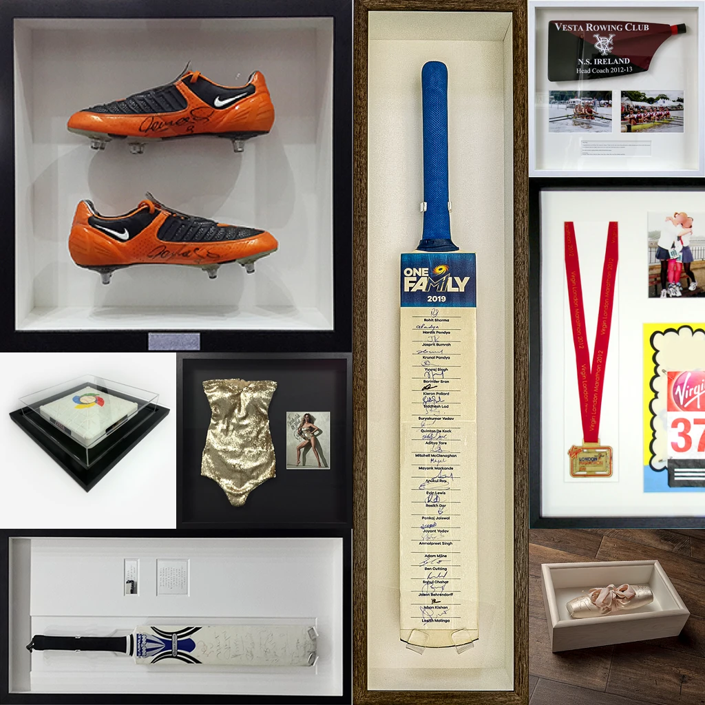 Collage of framed sports memorabilia, boots, bats, shoes, medals