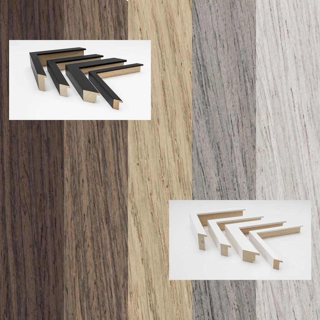 Collage showing strips of different wood colours and two photos of picture frame corners
