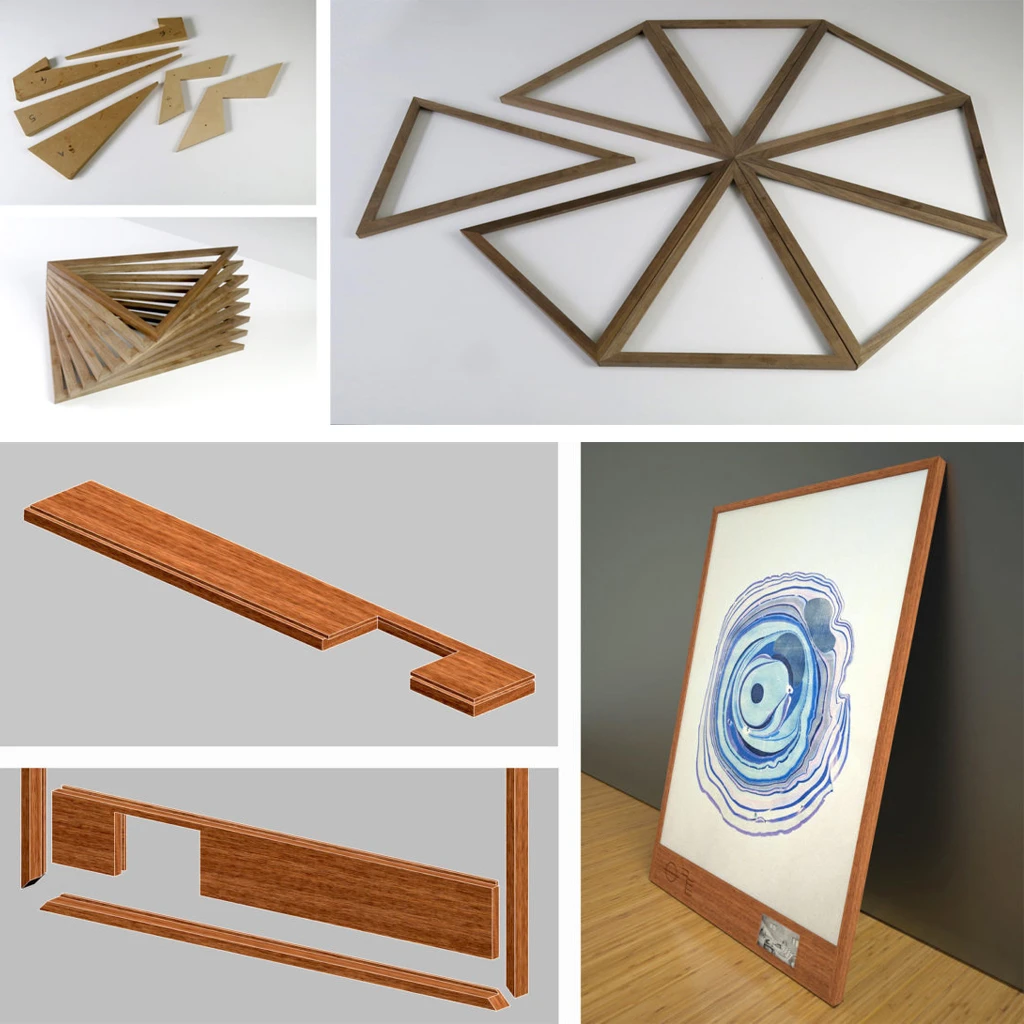 A collage of different parts of unique picture frame parts