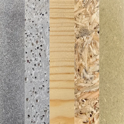 five strips showing different building materials, concretes, pine, osb, green mdf