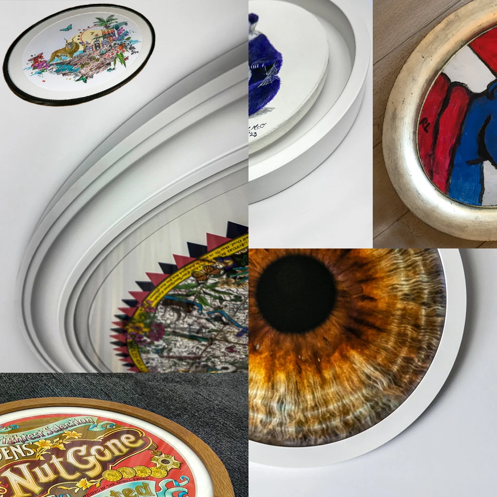 A collage of four close-ups of round picture frames