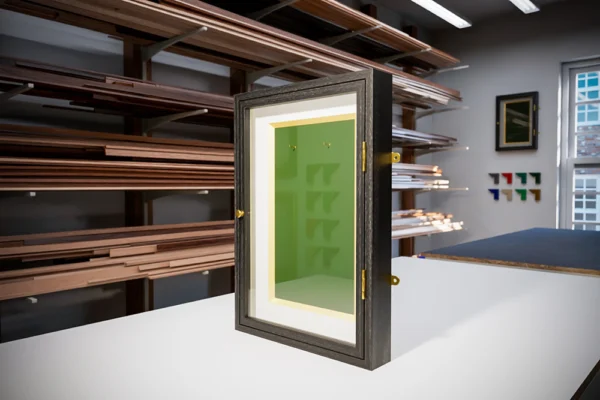 A SohoFrames computr render of the proposed design of a shadow box display cabinet frame in black walnut with a green velvet panel