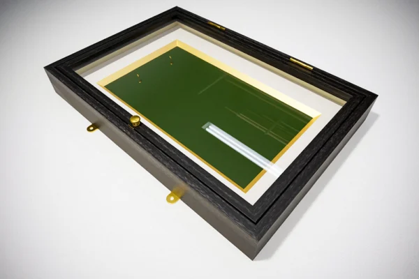 A SohoFrames computr render of the proposed design of a shadow box display cabinet frame in black walnut with a green velvet panel