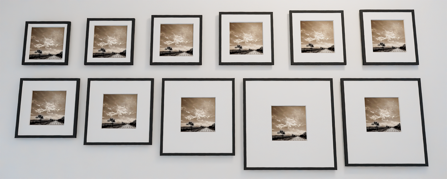 A series of eleven identically styles pictures frames on a wall but with different window mount margins