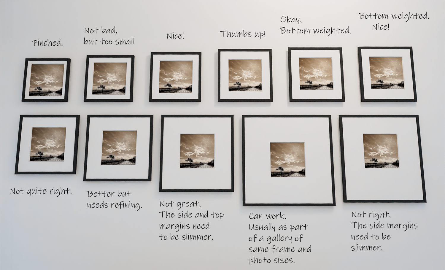 A series of eleven identically styles pictures frames on a wall but with different window mount margins with comments