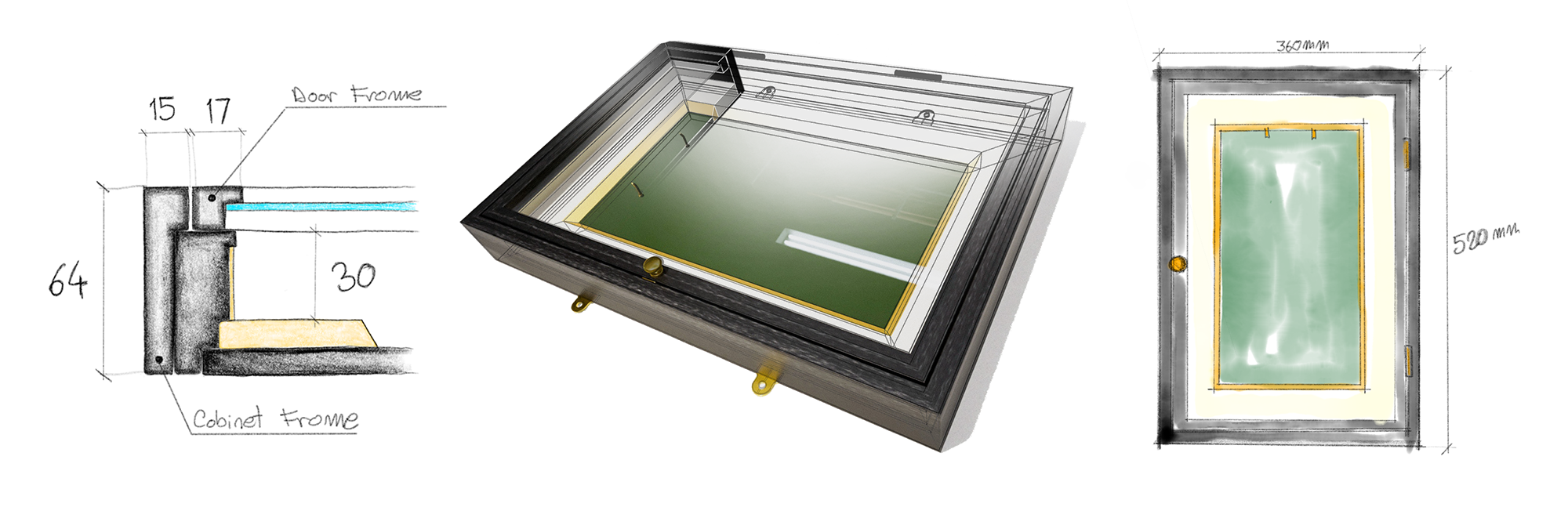 three drawing of a shadow box display cabinet frame with a front opening door.