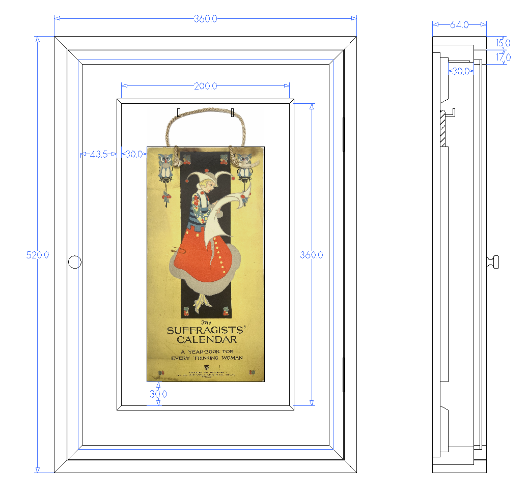 two technical drawings for a shadow box display cabinet frame